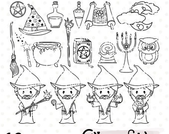 WIZARD digital stamps, Medieval themed outline, Fairy, Magic clipart, Magic line art, Coloring, Magic birthday - INSTANT Download
