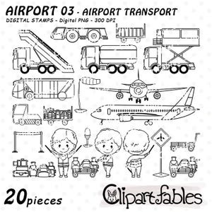 May include: Black and white digital stamps of airport transport vehicles and elements. Includes an airplane, luggage carts, service trucks, and people. Text reads "AIRPORT 03 - AIRPORT TRANSPORT" and "20 pieces".