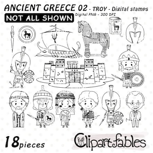 Timbres numériques de la guerre de Troie, Grèce antique, Homère - Iliade, contour du cheval de Troie, dessin au trait mythologie grecque, Achille, téléchargement immédiat, PNG