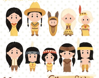 NATIVE AMERICAN FAMILY clipart, Indian brothers - sisters, Sagamore, Indian family, Western clip art, Cute indians, Instant, Digital clipart