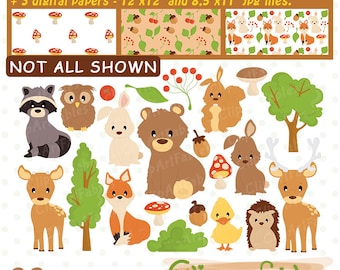Cute WOODLAND Animals Clipart, FOREST ANIMALS digital clip art set, Woodland digital paper set, Wild art - Instant download