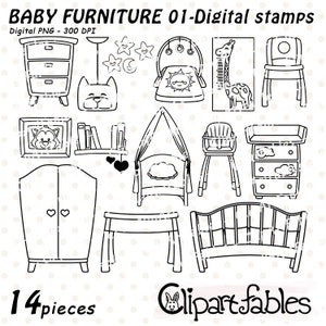Sellos digitales MUEBLES PARA BEBÉ, Contorno de habitación de bebé, Mobiliario, Lindo contorno de bebé, Iconos de muebles - Descarga INSTANTÁNEA, Arte lineal digital