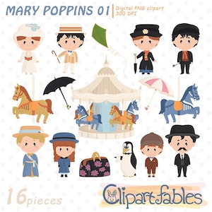 MARY POPPINS-personages, carnaval, carrouselpaard clipart voor kinderen, magie, Londen, Nanny, Engeland - INSTANT download, digitale png-ontwerp
