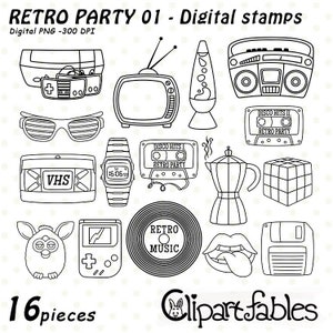 RETRO PARTY - carimbos digitais, adereços retrô, anos 80, anos 90, PNG, clipart musical, 1980, 1990 - Download instantâneo, carimbos digitais e imprimíveis