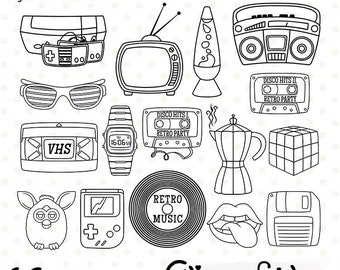 RETRO PARTY - digital stamps, Retro props, 80's, 90's, PNG, Music clipart, 1980, 1990 - Instant download, Digital, Printable stamps