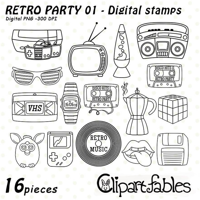 RETRO PARTY - Digital Stamps, Retro Props, 80's, 90's, PNG, Music ...
