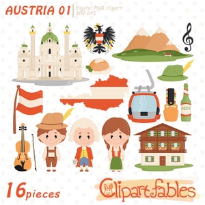 AUSTRIA clipart, Europe clip art, Vienna, Cute Mozart art, Austrian symbols - INSTANT download, Travel set