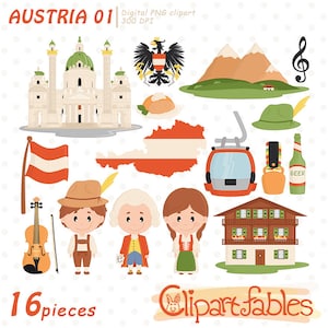 AUSTRIA clipart, Europe clip art, Vienna, Cute Mozart art, Austrian symbols - INSTANT download, Travel set