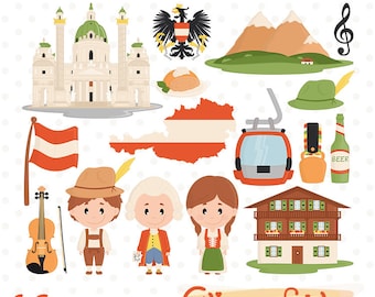 AUSTRIA clipart, Europe clip art, Vienna, Cute Mozart art, Austrian symbols - INSTANT download, Travel set