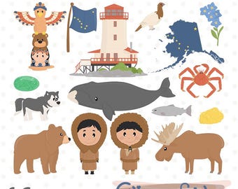 Clipart ALASKA, voyage aux Etats-Unis, symboles de l'Alaska, illustrations - Téléchargement instantané, numérique Png