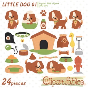 May include: A set of 24 digital clipart images featuring a brown dog with various accessories, including a dog house, a bone, a leash, a bowl, a collar, a can of food, a poop, a fire hydrant, a tennis ball, a bed, and a duck. The text "LITTLE DOG 01" and "24 pieces" are also included in the image.