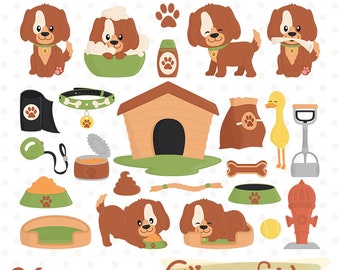 May include: A set of 24 digital clipart images featuring a brown dog with various accessories, including a dog house, a bone, a leash, a bowl, a collar, a can of food, a poop, a fire hydrant, a tennis ball, a bed, and a duck. The text "LITTLE DOG 01" and "24 pieces" are also included in the image.