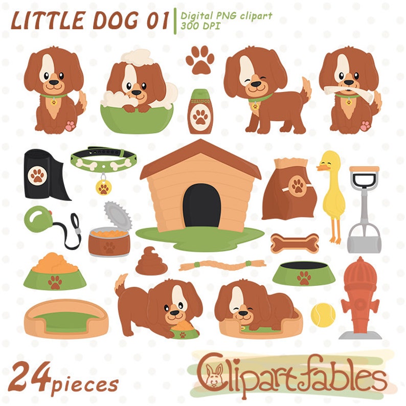 May include: A set of 24 digital clipart images featuring a brown dog with various accessories, including a dog house, a bone, a leash, a bowl, a collar, a can of food, a poop, a fire hydrant, a tennis ball, a bed, and a duck. The text "LITTLE DOG 01" and "24 pieces" are also included in the image.