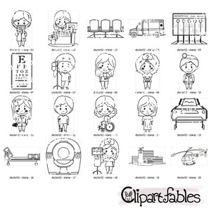 Puede incluir: Ilustraciones en blanco y negro de varias im&aacute;genes con tem&aacute;tica m&eacute;dica, que incluyen un m&eacute;dico, un hospital, una silla de ruedas, un autom&oacute;vil, una cama de hospital y un helic&oacute;ptero. Las im&aacute;genes est&aacute;n etiquetadas con el texto "doctor02-stamp" seguido de un n&uacute;mero.