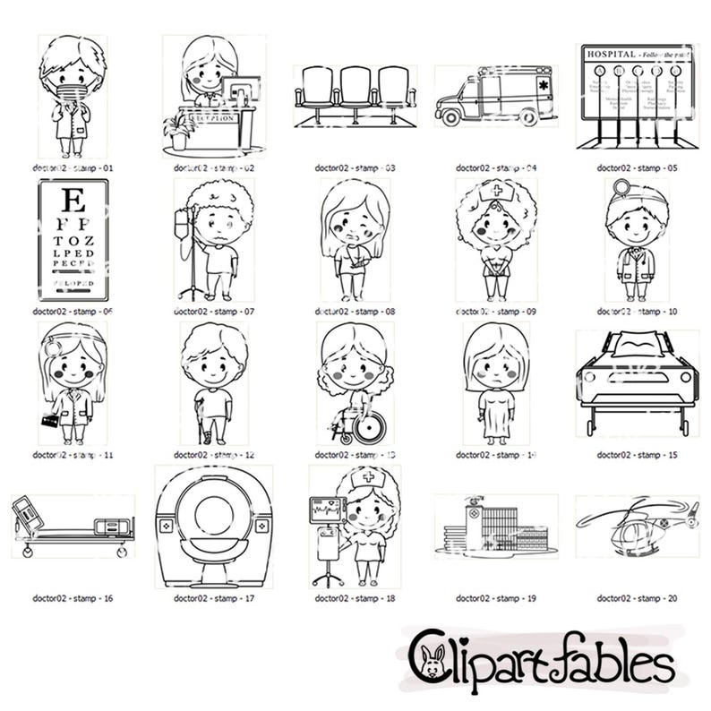Puede incluir: Ilustraciones en blanco y negro de varias im&aacute;genes con tem&aacute;tica m&eacute;dica, que incluyen un m&eacute;dico, un hospital, una silla de ruedas, un autom&oacute;vil, una cama de hospital y un helic&oacute;ptero. Las im&aacute;genes est&aacute;n etiquetadas con el texto "doctor02-stamp" seguido de un n&uacute;mero.