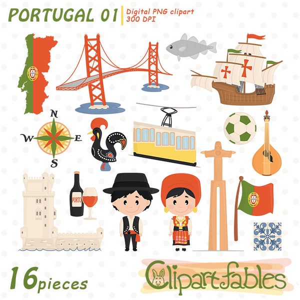 Cute PORTUGAL clipart, Lisbon, Fado, Belém tower, Portugal rooster,Travel art, European theme - INSTANT Download, Printable design