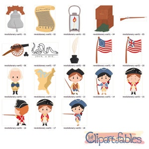 Puede incluir: Un conjunto de 18 im&aacute;genes de clipart digital que representan varios s&iacute;mbolos y personajes de la Guerra de Independencia Americana. Las im&aacute;genes incluyen una campana, un rollo, una linterna, una caja de t&eacute;, un mosquete, un ca&ntilde;&oacute;n, una serpiente con las palabras "Join, or Die", una pluma y un tintero, una bandera estadounidense, un soldado y un mapa de los Estados Unidos.