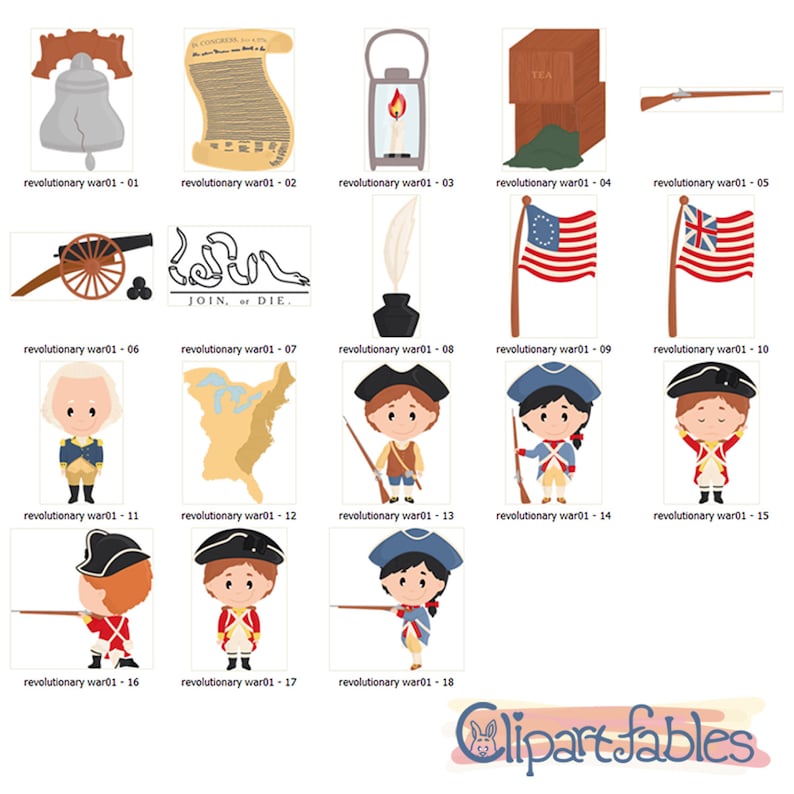 Puede incluir: Un conjunto de 18 im&aacute;genes de clipart digital que representan varios s&iacute;mbolos y personajes de la Guerra de Independencia Americana. Las im&aacute;genes incluyen una campana, un rollo, una linterna, una caja de t&eacute;, un mosquete, un ca&ntilde;&oacute;n, una serpiente con las palabras "Join, or Die", una pluma y un tintero, una bandera estadounidense, un soldado y un mapa de los Estados Unidos.
