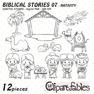 Sellos digitales NATIVIDAD, dibujo lineal de la historia bíblica, contorno del Niño Jesús, Sagrada Familia, Reyes Magos, Tres Reyes - Descarga INSTANTÁNEA, PNG digital