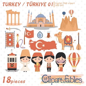 Clipart TURQUIE, Istanbul, Turquie, costume traditionnel turc, bâtiments célèbres, symboles turcs - téléchargement immédiat, PNG numérique