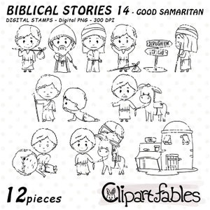 Sellos digitales EL BUEN SAMARITANO - Arte lineal de la historia bíblica, esquema cristiano, Nuevo Testamento - Descarga INSTANTÁNEA, Imprimible, Diseño digital