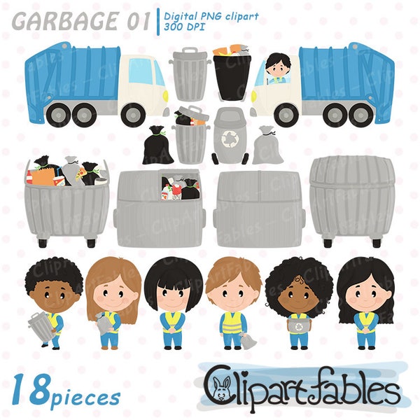 Cute GARBAGE collector clipart, Trash clip art, Garbage truck, RECYCLING - INSTANT download, Digital art 300 Dpi