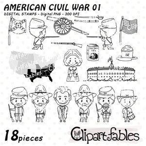 Selos digitais da GUERRA CIVIL AMERICANA, esboço da história americana, arte de linha de Abraham Lincoln, União e Confederação, Soldados fofos dos EUA - Instantâneo png