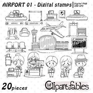Digitale postzegels LUCHTHAVEN, vliegtuigoverzicht, reizen, goede vlucht, vliegtuiglijntekeningen. Vliegtuigstempel: INSTANT download, digitale png