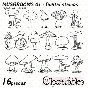 MUSHROOM digitale Stempel, Pilz Umriss, Pilz Line Art, Pilz Färbung - SOFORT-Download Digital Clipart