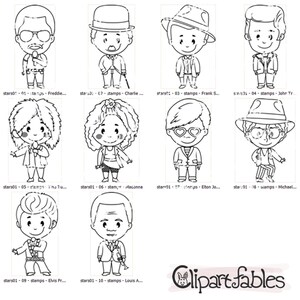 May include: Black and white line art illustrations of various famous musicians, singers, and entertainers. The illustrations are in a cartoon style and feature characters like Freddie Mercury, Charlie Chaplin, Frank Sinatra, John Travolta, Tina Turner, Madonna, Elton John, Michael Jackson, Elvis Presley, and Louis Armstrong.