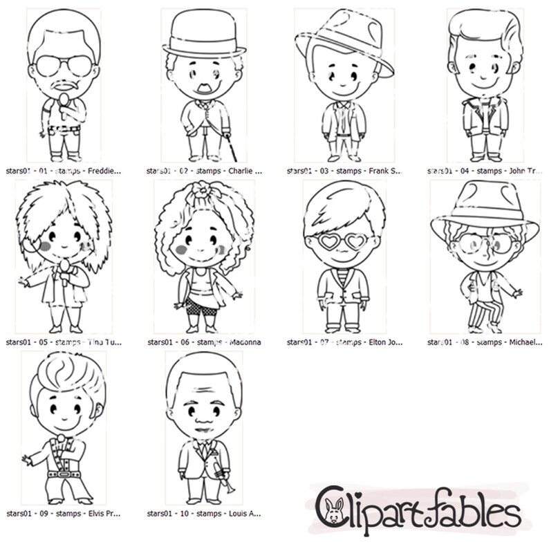 May include: Black and white line art illustrations of various famous musicians, singers, and entertainers. The illustrations are in a cartoon style and feature characters like Freddie Mercury, Charlie Chaplin, Frank Sinatra, John Travolta, Tina Turner, Madonna, Elton John, Michael Jackson, Elvis Presley, and Louis Armstrong.