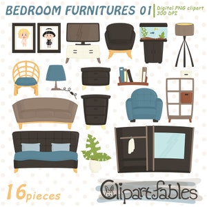 BEDROOM FURNITURE clipart, Modern furniture design, Loft, Colorful furniture icons - INSTANT download, Digital clipart