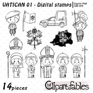 Selos digitais da CIDADE DO VATICANO, contorno da Igreja Católica, arte de linha fofa do Papa Católico, bandeira do Vaticano - Imprimível, PNG digital