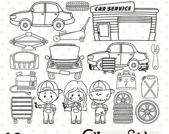 Cute CAR MECHANIC digital stamps, Repair clipart, Service, Outline, Auto shop stamps - INSTANT download, Digital png art