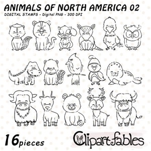 ANIMALI del Nord America - TIMBRI DIGITALI, fauna selvatica del Nord America, contorno animali del bosco, stampabile, da colorare, linea artistica, francobolli