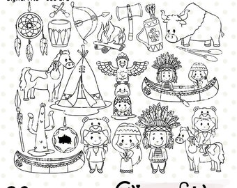 NATIVE AMERICAN digital stamps, Dream catcher outline, Western clipart, Cute indians, Totem pole, Buffalo - INSTANT download, Colouring