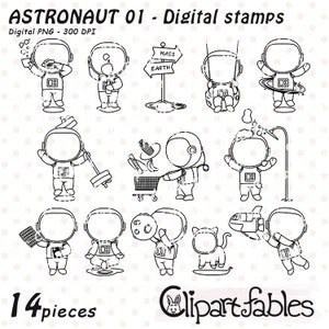 Tampons numériques ASTRONAUT, La vie d'un astronaute dans l'espace, Contours drôles, Dessin au trait astronaute - Téléchargement instantané, Coloriage