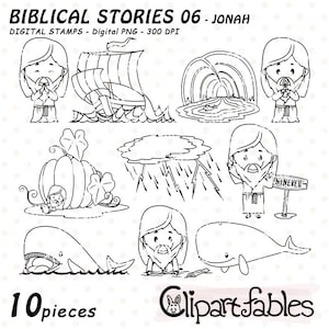 JONAH and the WHALE digital stamps, Coloring for kids, Book of Jonah, Religion line art, Bible based story, Outline - INSTANT download