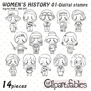 Sellos digitales HISTORIA DE LA MUJER, Esquema de mujeres en la actualidad, Modelos femeninos a seguir, Coloración, Clipart de línea de arte