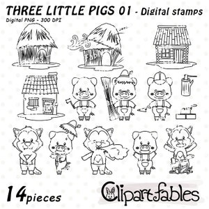 Sellos digitales TRES CERDITOS, Esquema de cuento infantil, Cerditos tiernos y lobo feroz, Cerditos kawaii, Colorear - Descarga instantánea