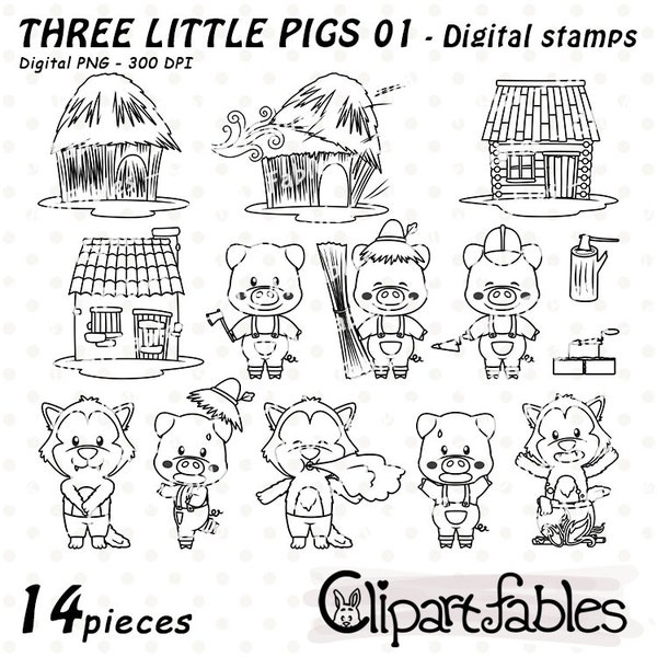 THREE LITTLE PIGS digital stamps, Children's story outline, Cute Pigs and Bad wolf line art, Kawaii pigs, Coloring- Instant download