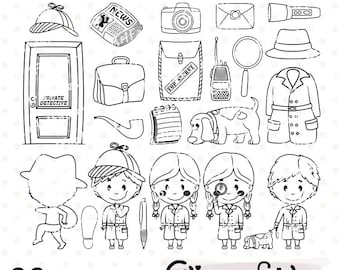 Cute DETECTIVE digital stamps, Investigation, Secret agent clipart, Police stamps - INSTANT Download, Digital, Printable PNG design