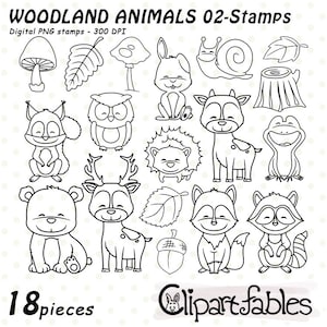 Sellos digitales Animales del bosque, ANIMALES DEL BOSQUE, Sellos, Contorno, Animales bebés, Animales salvajes - Descarga instantánea