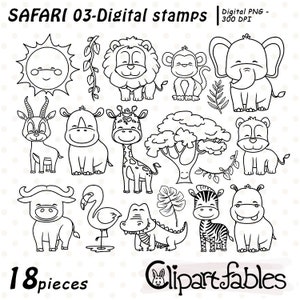 AMIGOS DEL SAFARI, Animales de la selva - Sellos digitales, Animales bebés, Fiesta de cumpleaños en la selva - Descarga INMEDIATA, Lindas ilustraciones imprimibles