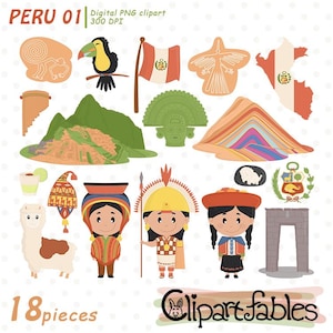 Puede incluir: Un conjunto de 18 ilustraciones digitales coloridas que representan la cultura peruana. Las ilustraciones incluyen una llama, un sombrero tradicional peruano, una mujer con ropa tradicional, un hombre con ropa tradicional, una cordillera, una bandera de Perú, un tucán, una línea de Nazca, un instrumento musical tradicional peruano, y más.