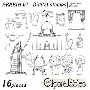 ARABISCHE OVERZICHT kunst, moslimcultuur, Arabische nachten, Nabije Oosten digitale postzegels, Arabische kleuren, islamillustraties, zeer fijne tekeningen - INSTANT
