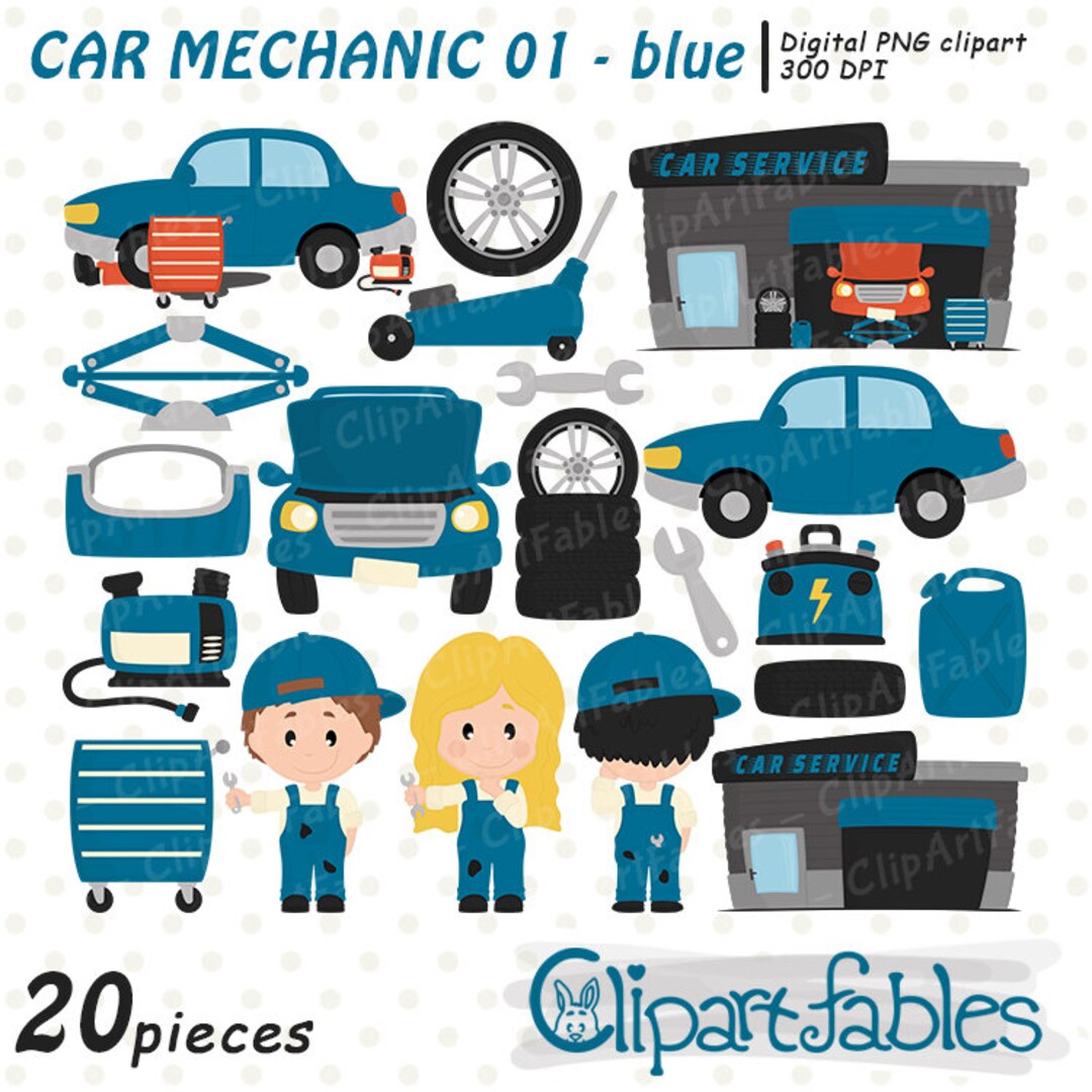 Blue Cute CAR MECHANIC Clipart, Repair, Service, Auto Shop Clip Art INSTANT Download, Digital