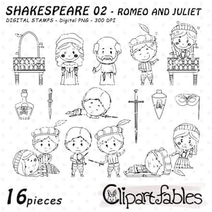 Digitale postzegels ROMEO en JULIET, Shakespeare-overzicht, theatervoorstelling, Julia's balkon - directe download, digitale png