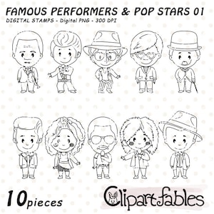 May include: Black and white digital stamps featuring 10 cartoon illustrations of famous performers and pop stars. The illustrations are in a simple, childlike style. The text "Famous Performers & Pop Stars 01" and "10 pieces" are included in the image.