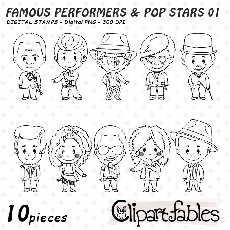 May include: Black and white digital stamps featuring 10 cartoon illustrations of famous performers and pop stars. The illustrations are in a simple, childlike style. The text "Famous Performers & Pop Stars 01" and "10 pieces" are included in the image.
